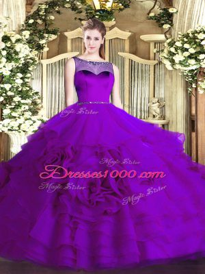 Eggplant Purple Ball Gowns Organza Scoop Sleeveless Beading and Ruffled Layers Floor Length Zipper Quinceanera Gown