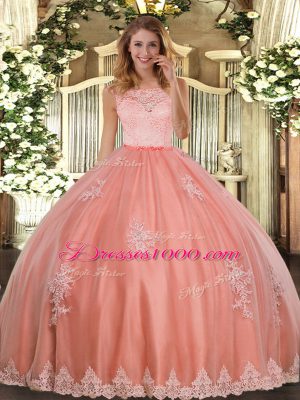 Tulle Scoop Sleeveless Clasp Handle Lace and Appliques Quinceanera Gown in Watermelon Red
