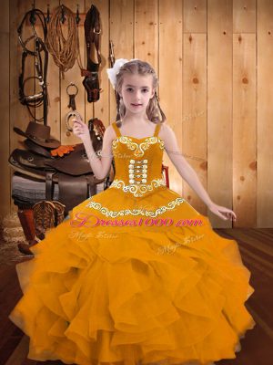 Gold Sleeveless Embroidery and Ruffles Floor Length Kids Pageant Dress