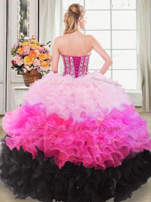 Delicate Sleeveless Floor Length Beading and Ruffles Lace Up Quinceanera Gown with Multi-color