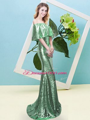 Sequined Short Sleeves Floor Length Prom Dresses and Sequins
