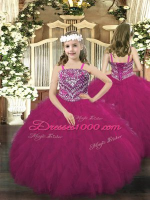 Sleeveless Tulle Floor Length Lace Up Pageant Dress for Womens in Fuchsia with Beading and Ruffles