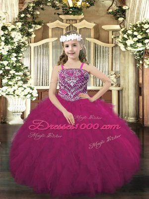 Sleeveless Tulle Floor Length Lace Up Pageant Dress for Womens in Fuchsia with Beading and Ruffles