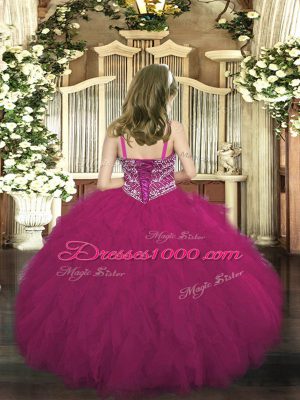 Sleeveless Tulle Floor Length Lace Up Pageant Dress for Womens in Fuchsia with Beading and Ruffles