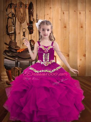Organza Sleeveless Floor Length Pageant Gowns For Girls and Embroidery and Ruffles