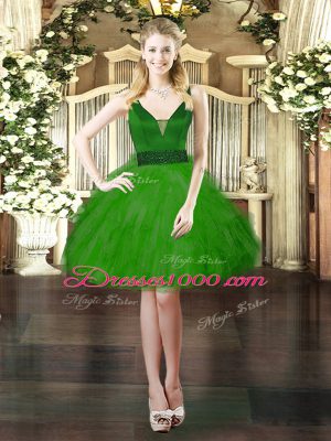 Sleeveless Floor Length Beading and Ruffles Lace Up Quinceanera Dresses with Green