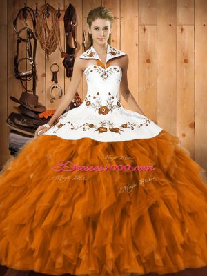 Enchanting Sleeveless Satin and Organza Floor Length Lace Up Quinceanera Dresses in Orange Red with Embroidery and Ruffles