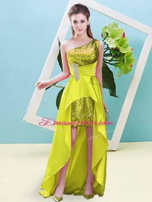 Customized Elastic Woven Satin and Sequined Sleeveless High Low Prom Dress and Beading and Sequins