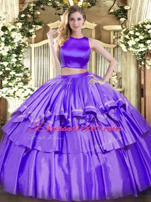 High End Purple Criss Cross High-neck Ruffled Layers Sweet 16 Dress Tulle Sleeveless