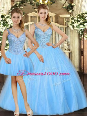 Tulle Straps Sleeveless Lace Up Beading 15 Quinceanera Dress in Baby Blue