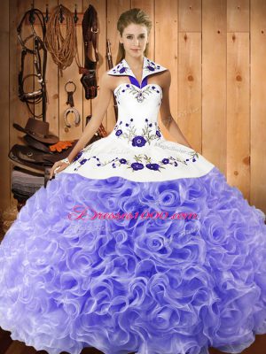 Lavender Ball Gowns Embroidery Quinceanera Dress Lace Up Fabric With Rolling Flowers Sleeveless Floor Length