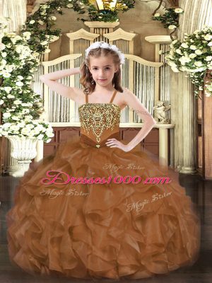 Fancy Brown Straps Lace Up Beading and Ruffles Little Girls Pageant Gowns Sleeveless