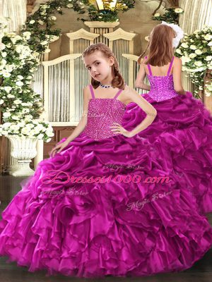 Fuchsia Ball Gowns Organza Straps Sleeveless Beading and Ruffles Floor Length Lace Up Little Girls Pageant Dress Wholesale