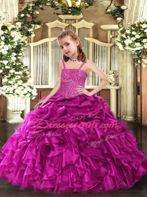 Fuchsia Ball Gowns Organza Straps Sleeveless Beading and Ruffles Floor Length Lace Up Little Girls Pageant Dress Wholesale