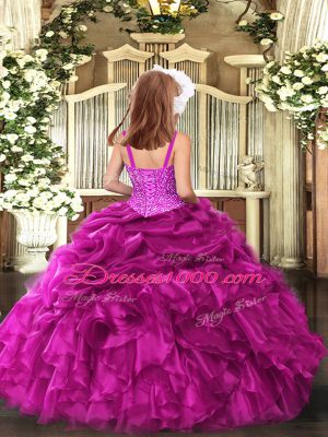 Fuchsia Ball Gowns Organza Straps Sleeveless Beading and Ruffles Floor Length Lace Up Little Girls Pageant Dress Wholesale