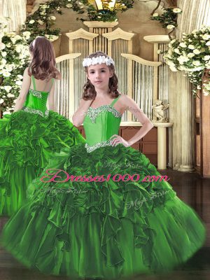 Dark Green Sleeveless Floor Length Beading and Ruffles Lace Up Pageant Gowns