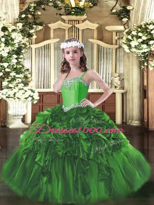 Dark Green Sleeveless Floor Length Beading and Ruffles Lace Up Pageant Gowns