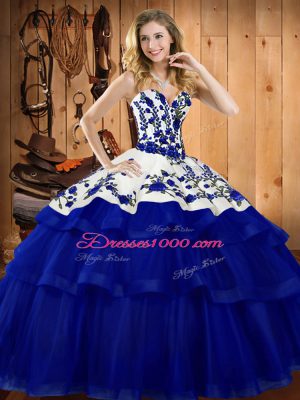Fashionable Lace Up Ball Gown Prom Dress Royal Blue for Military Ball and Sweet 16 and Quinceanera with Embroidery Sweep Train