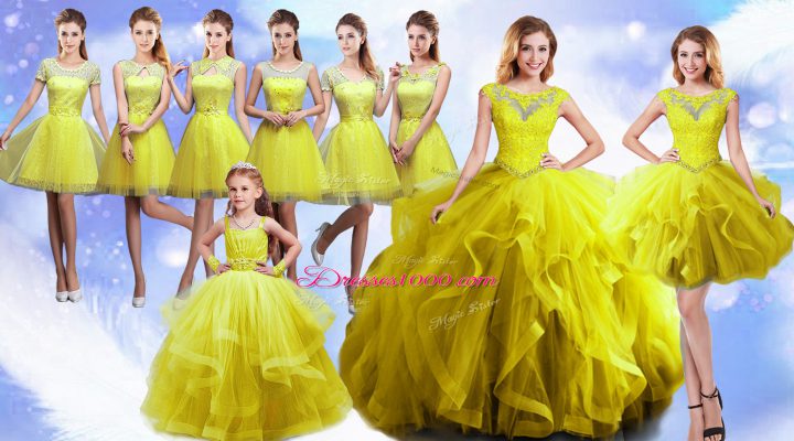 Top Selling Yellow Ball Gowns Beading and Ruffles Sweet 16 Dress Lace Up Organza Sleeveless Floor Length