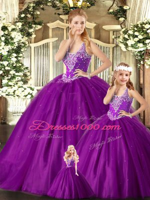 Luxury Floor Length Lace Up Quinceanera Dress Purple for Military Ball and Sweet 16 and Quinceanera with Beading