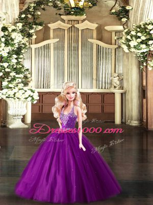 Luxury Floor Length Lace Up Quinceanera Dress Purple for Military Ball and Sweet 16 and Quinceanera with Beading