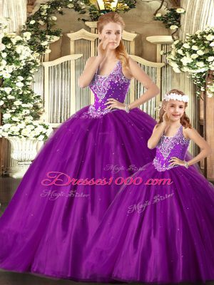 Luxury Floor Length Lace Up Quinceanera Dress Purple for Military Ball and Sweet 16 and Quinceanera with Beading