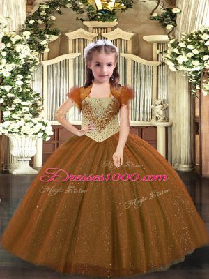 Discount Brown Ball Gowns Straps Sleeveless Tulle Floor Length Lace Up Beading Custom Made Pageant Dress