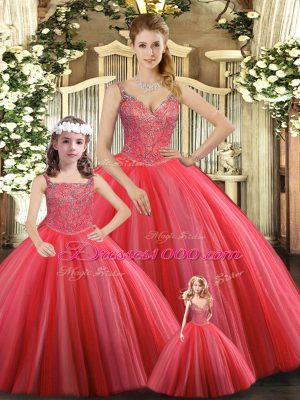 Chic Ball Gowns Sweet 16 Dress Coral Red Straps Tulle Sleeveless Floor Length Lace Up