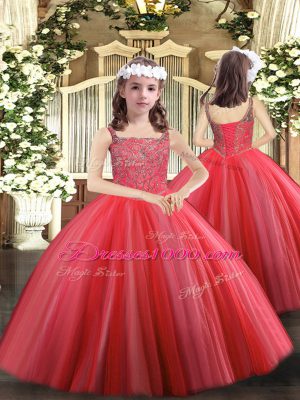 Chic Ball Gowns Sweet 16 Dress Coral Red Straps Tulle Sleeveless Floor Length Lace Up