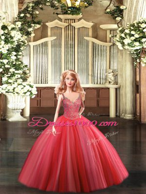 Chic Ball Gowns Sweet 16 Dress Coral Red Straps Tulle Sleeveless Floor Length Lace Up