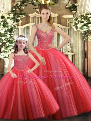 Chic Ball Gowns Sweet 16 Dress Coral Red Straps Tulle Sleeveless Floor Length Lace Up