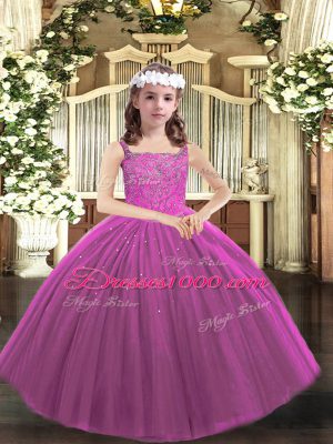 Purple Tulle Lace Up Straps Sleeveless Floor Length Child Pageant Dress Beading