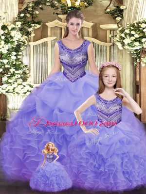 Exceptional Lavender Sleeveless Floor Length Beading and Ruffles Lace Up Quinceanera Gown