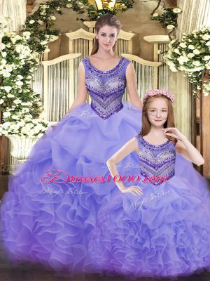 Exceptional Lavender Sleeveless Floor Length Beading and Ruffles Lace Up Quinceanera Gown