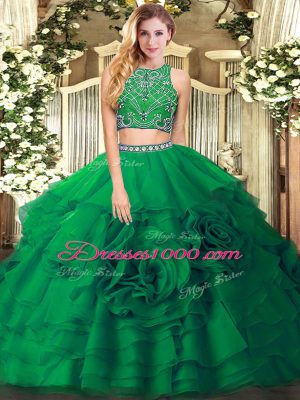Glorious Dark Green Two Pieces Beading and Ruffled Layers Sweet 16 Dress Zipper Tulle Sleeveless Floor Length