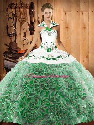 Shining Multi-color Quinceanera Gown Fabric With Rolling Flowers Sweep Train Sleeveless Embroidery