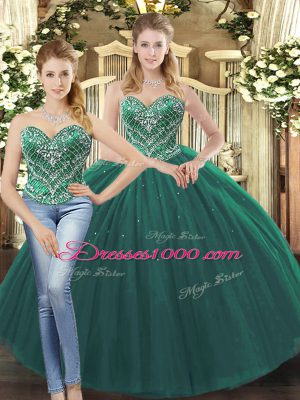 Beading 15 Quinceanera Dress Dark Green Lace Up Sleeveless Floor Length
