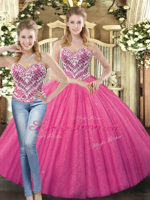 Hot Pink Lace Up Sweetheart Beading Quince Ball Gowns Tulle Sleeveless