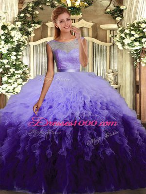 Tulle Scoop Sleeveless Backless Beading and Ruffles Sweet 16 Quinceanera Dress in Multi-color