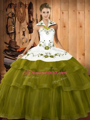 Sleeveless Embroidery and Ruffled Layers Lace Up Ball Gown Prom Dress with Olive Green Sweep Train