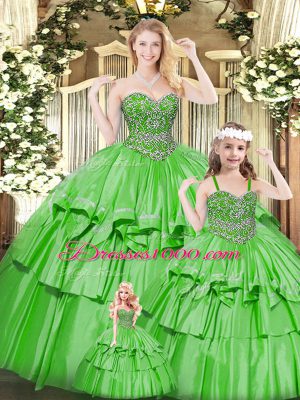 Suitable Green Ball Gowns Organza Sweetheart Sleeveless Beading and Ruffled Layers Floor Length Lace Up Quinceanera Gowns