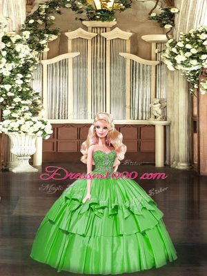 Suitable Green Ball Gowns Organza Sweetheart Sleeveless Beading and Ruffled Layers Floor Length Lace Up Quinceanera Gowns