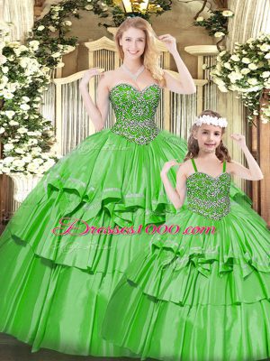 Suitable Green Ball Gowns Organza Sweetheart Sleeveless Beading and Ruffled Layers Floor Length Lace Up Quinceanera Gowns