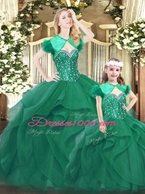 Turquoise Ball Gowns Organza Sweetheart Sleeveless Beading and Ruffles Floor Length Lace Up Quince Ball Gowns