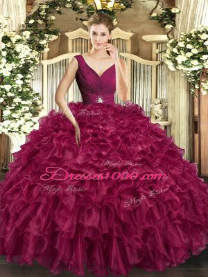 New Arrival Burgundy Organza Backless Vestidos de Quinceanera Sleeveless Floor Length Beading and Ruffles