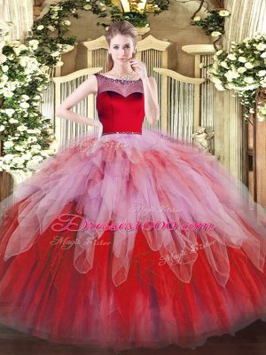 Multi-color Organza Zipper Scoop Sleeveless Floor Length Quinceanera Gown Beading and Ruffles