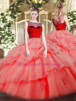 Delicate Watermelon Red Sleeveless Floor Length Beading and Appliques Zipper Sweet 16 Dresses