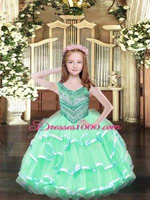 Best Floor Length Apple Green Pageant Dress for Teens Organza Sleeveless Beading and Ruffled Layers