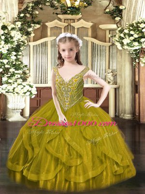 Best V-neck Sleeveless Pageant Dress Toddler Floor Length Beading and Ruffles Olive Green Tulle