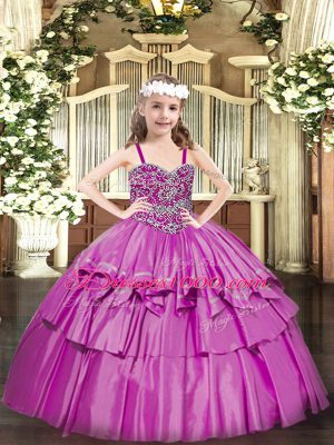 Customized Fuchsia Sleeveless Beading and Ruffled Layers Floor Length Little Girls Pageant Dress